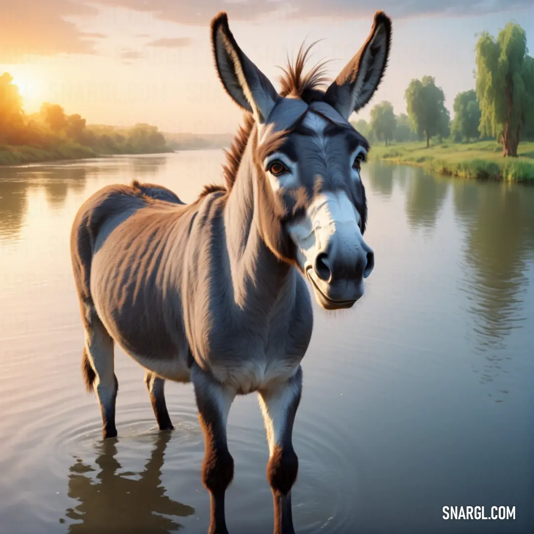 Donkey standing in the water at sunset or dawn with a reflection of the sun in the water and trees