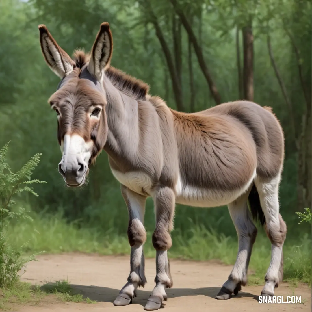 Donkey standing on a dirt road in the woods with trees in the background