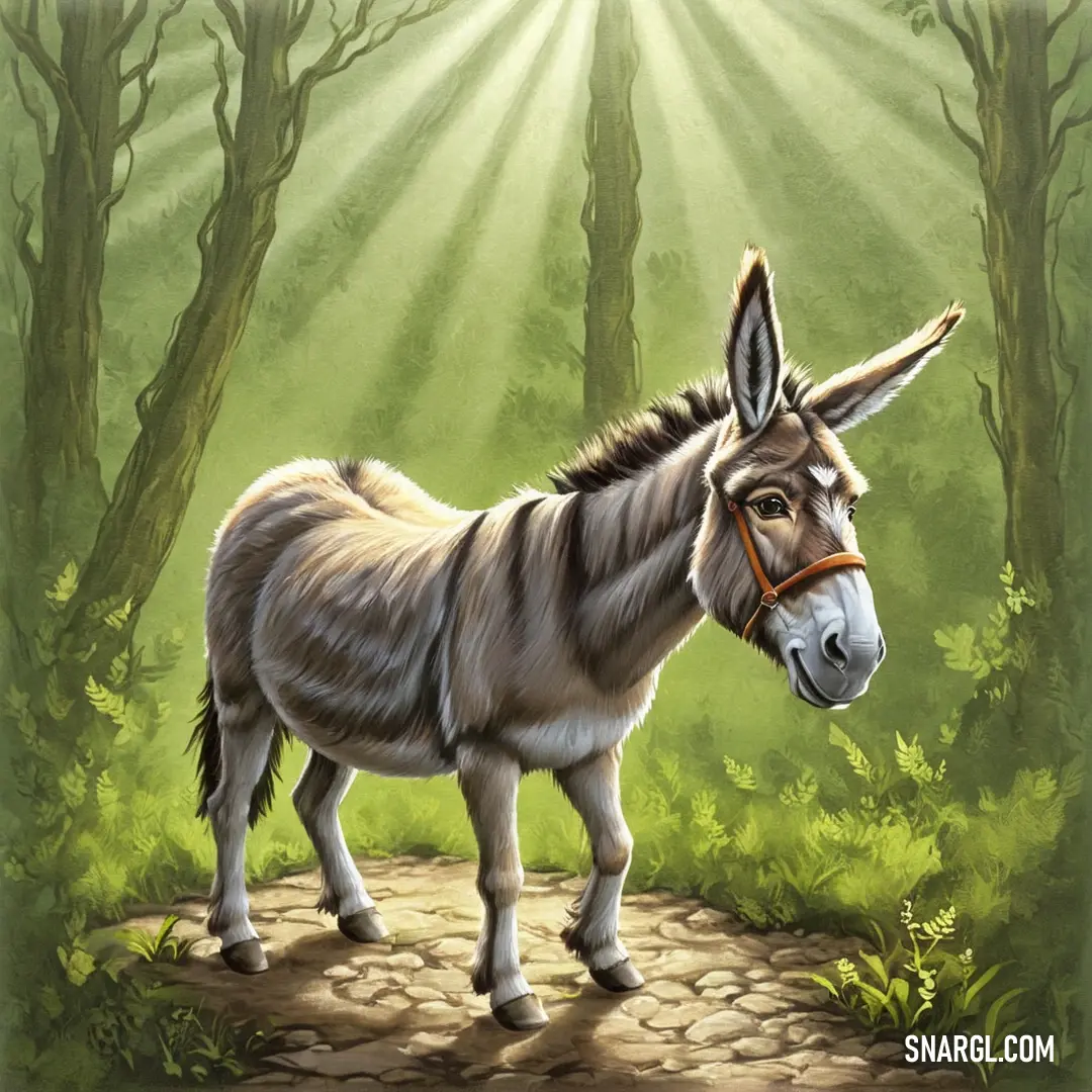 Donkey standing on a dirt road in a forest with sunlight streaming through the trees and leaves on the ground