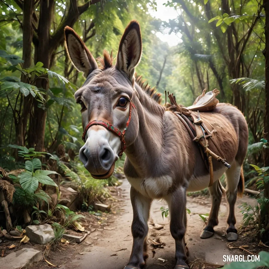 Donkey with a saddle on its back standing on a path in the woods with trees and bushes behind it