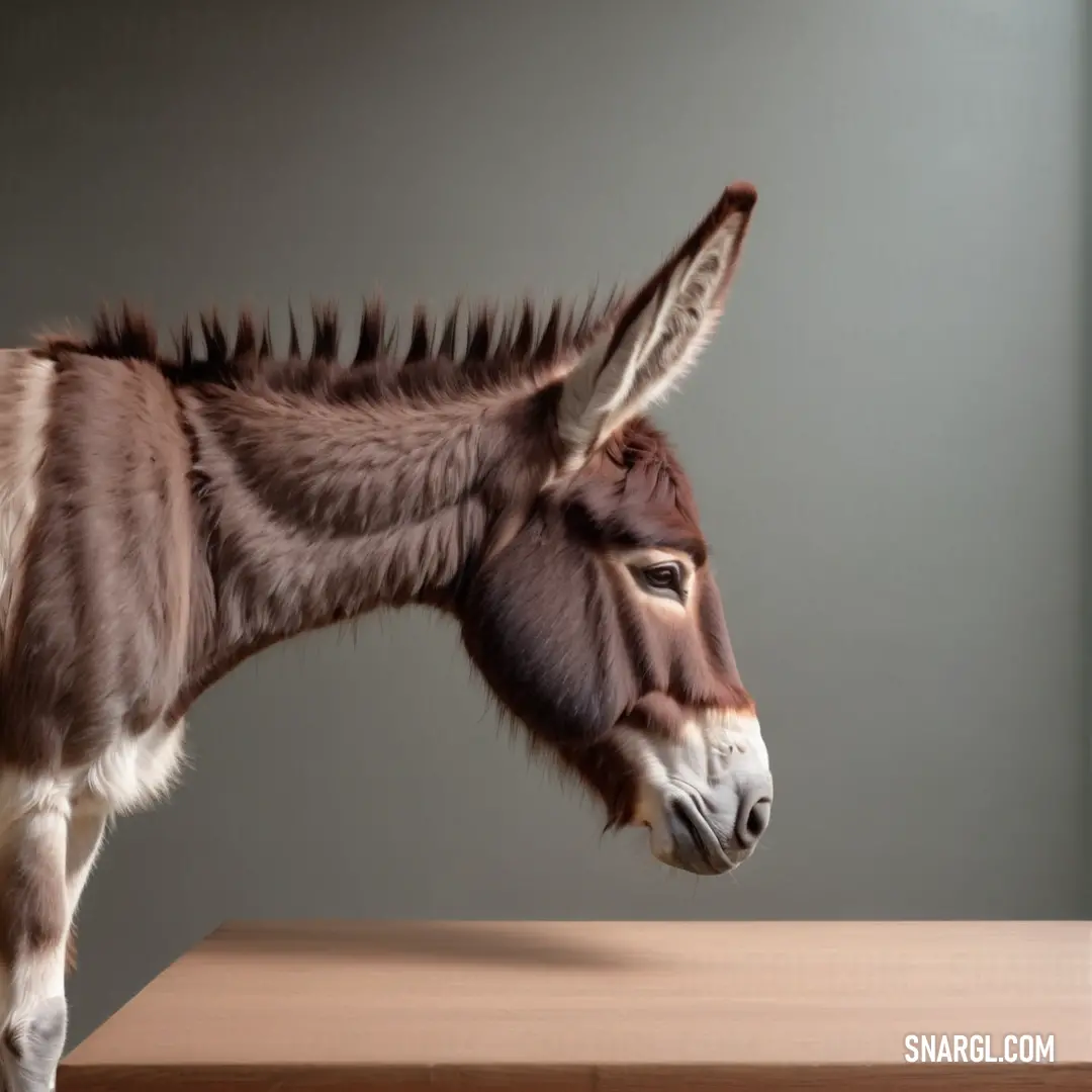 Stuffed donkey standing on top of a wooden table next to a window with a gray wall behind it