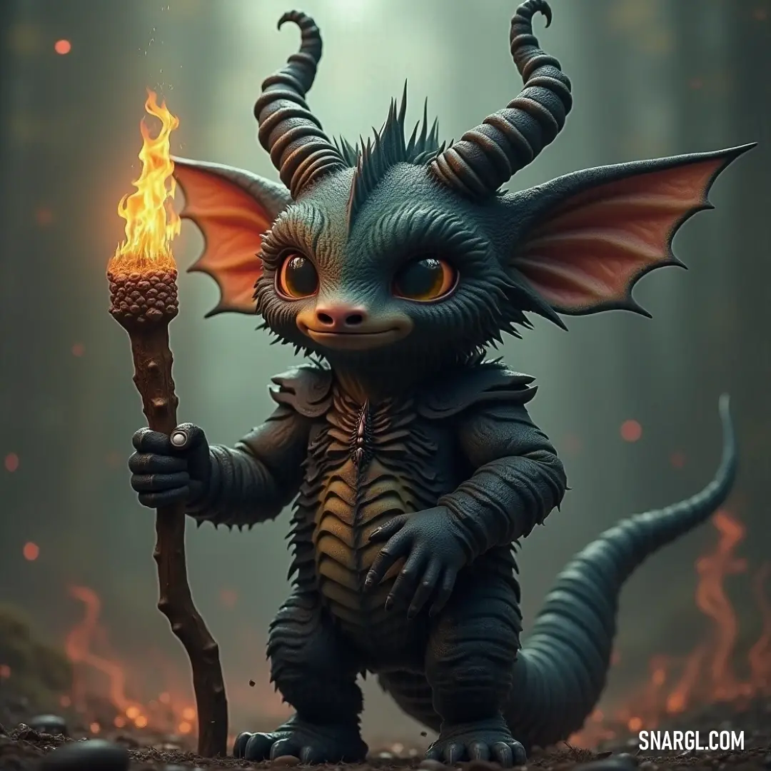 A tiny, horned doodle brandishes a stick with a flame in its hand, casting an otherworldly glow in an enchanted, shadowy environment. A small but mighty doodle with horns holds a glowing stick, with a flame flickering in its hand as it stands in a mysterious, darkened space filled with intrigue.