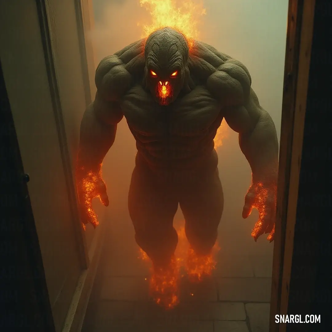 Mighty Doom Golem Commanding Its Domain A powerful Doom Golem towers in a doorway, its glowing face and fiery red eye casting an intimidating presence. With hands firmly placed on its hips, it stands poised, exuding a sense of authority and strength.