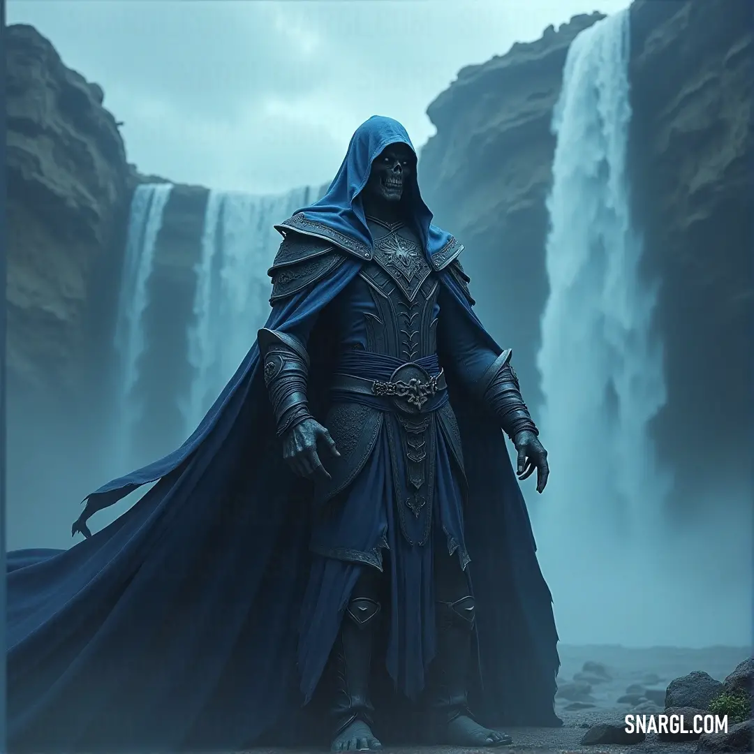 The Doom Sorcerer, cloaked in blue, stands at the edge of a powerful waterfall, a force of nature and magic combined. A Doom Sorcerer draped in a flowing blue cloak stands solemnly before a cascading waterfall. The wind swirls around him as the waters behind him echo with the promise of both destruction and transformation.