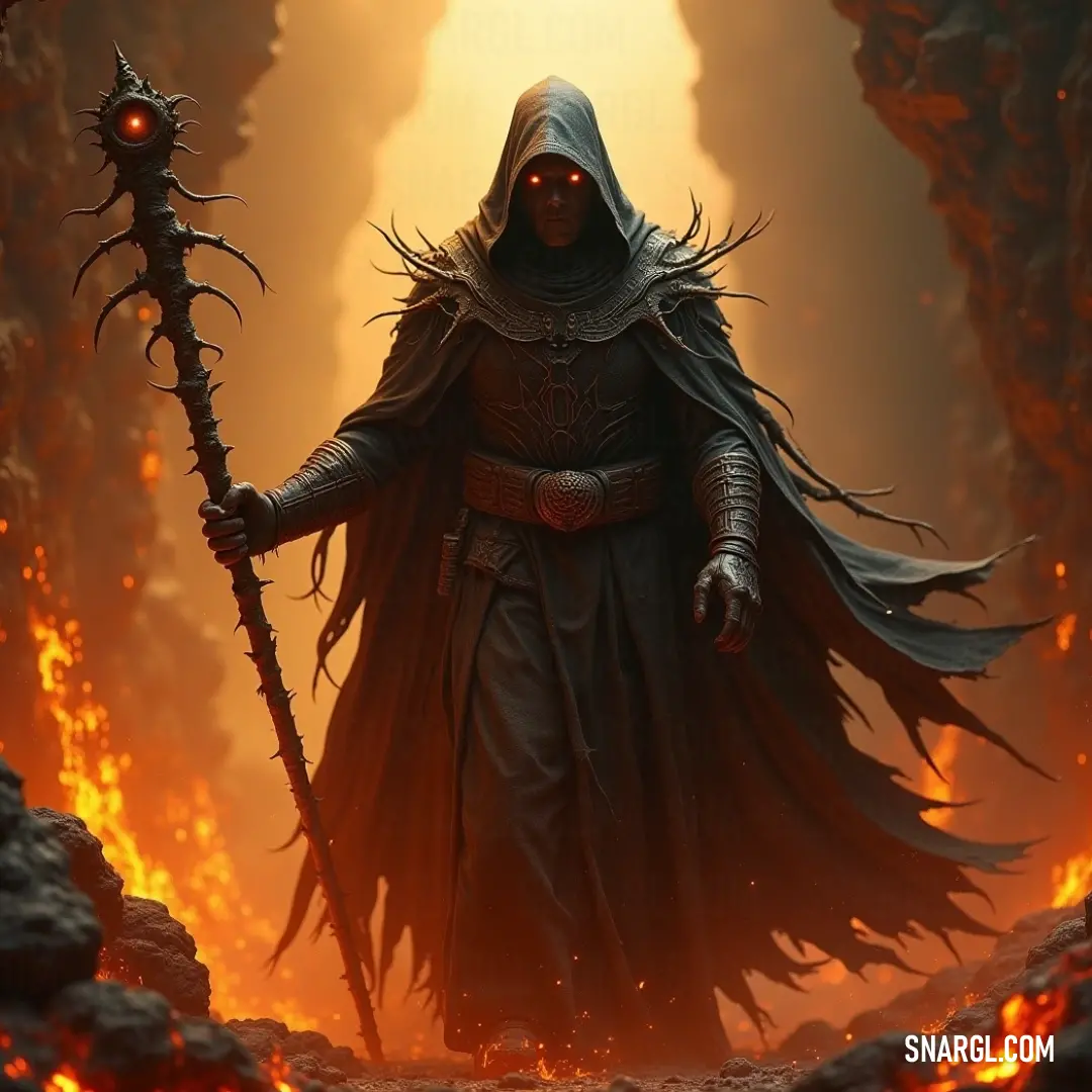 A doom sorcerer in a dark outfit, wielding a staff in a fiery cave filled with lava and flames. A doom sorcerer, cloaked in a dark hooded outfit, stands amidst flames and lava in a volcanic cave. Holding a staff aloft, he channels dark forces, the heat from the surrounding inferno adding intensity to his powerful presence.