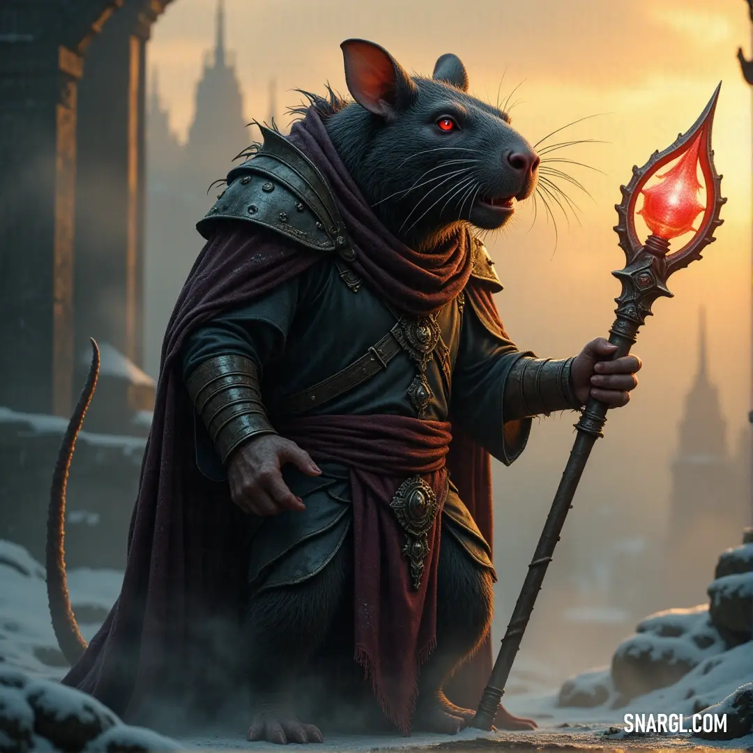 A Doomrock Leader with a fiery red glow in its mouth, wielding a powerful staff, evoking a sense of dread and strength in a darkened, foreboding space. A fearsome Doomrock Leader with a glowing red light emanating from its menacing mouth, holding a staff of power, standing ominously as the surrounding darkness pulses with dangerous energy.