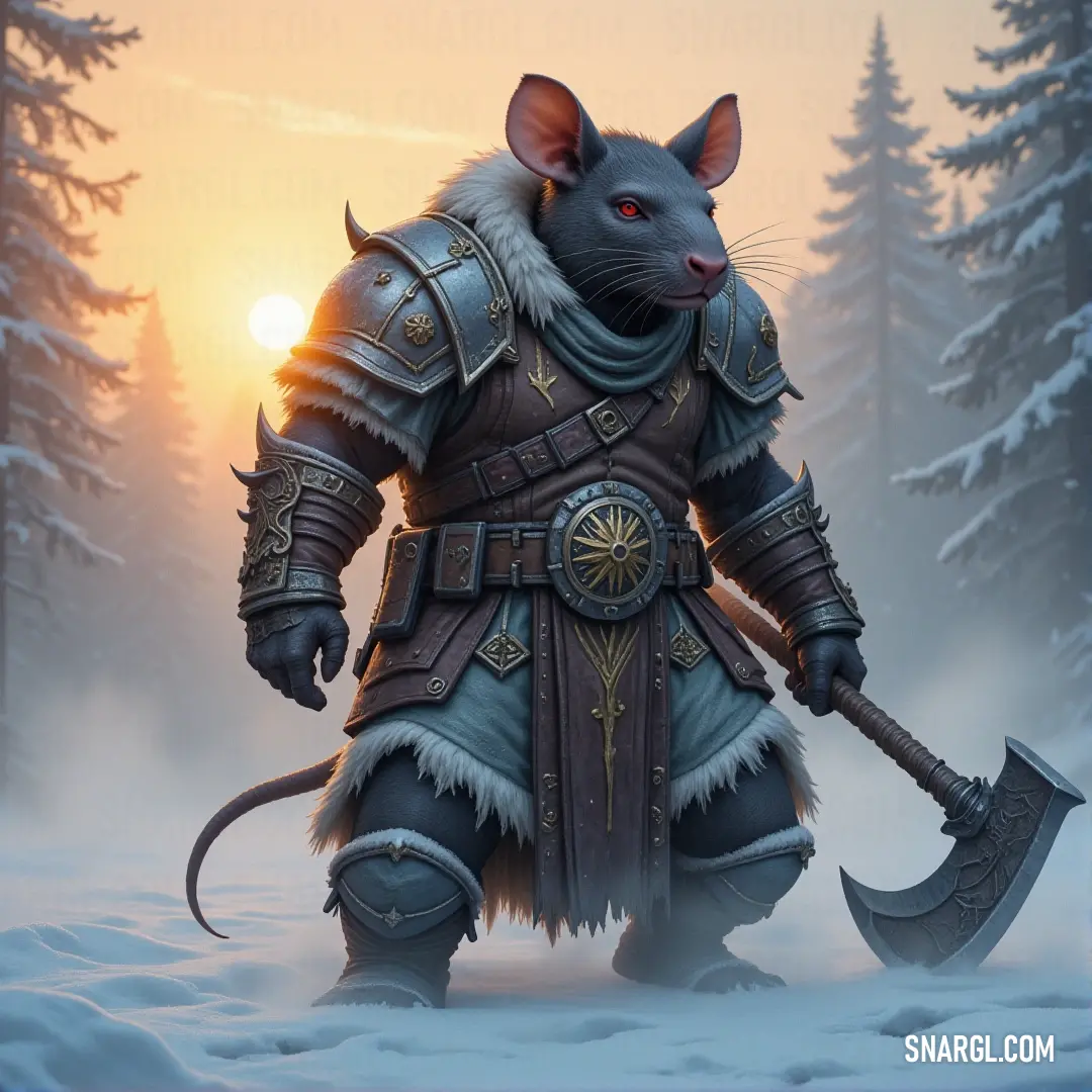 In the quiet beauty of a snowy forest at sunset, a mouse grips a mighty axe, ready for whatever challenges the winter night may bring. A brave mouse stands poised in a snowy forest at sunset, gripping a large axe. The warm glow of the setting sun contrasts with the chill of the surrounding snow, creating a perfect moment of quiet strength.