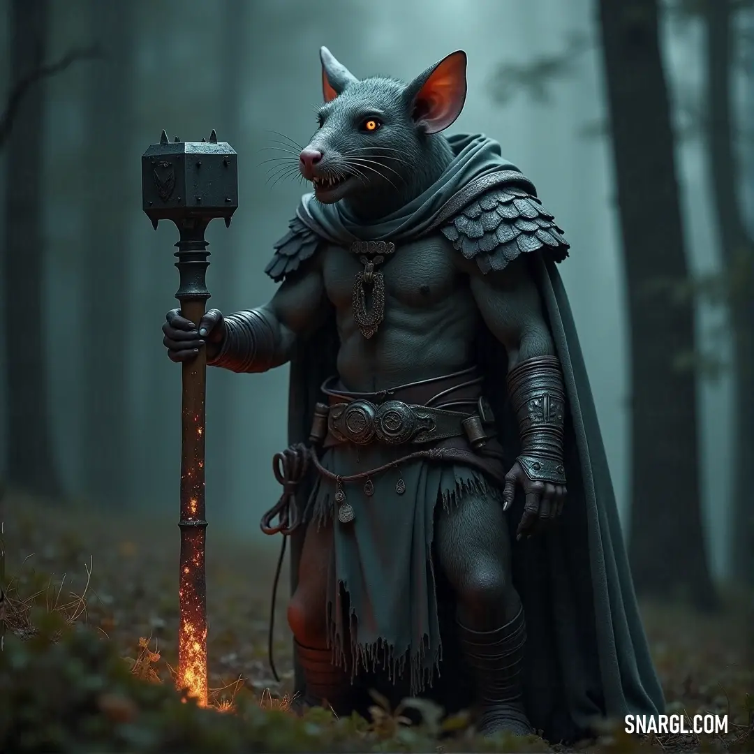 Cat with a hammer and a Doomrocket Warlord in a forest with fire in the cat's mouth A cat with a hammer stands in a forest, flames flickering in its mouth as it faces a Doomrocket Warlord in a detailed costume. The mystical atmosphere is heightened by their unique features.