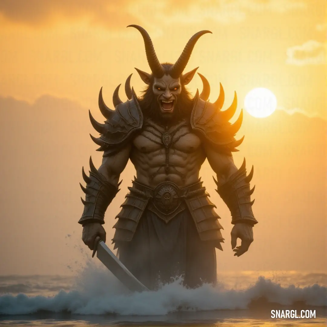 A horned figure stands in the ocean at sunset, sword in hand, their demonic features glowing against the vibrant sky. A powerful figure, dressed in a horned costume, stands in the ocean at sunset. A sword gleams in their hand, while their demonic-like features enhance their fierce and untamed presence against the backdrop of the fiery sky.