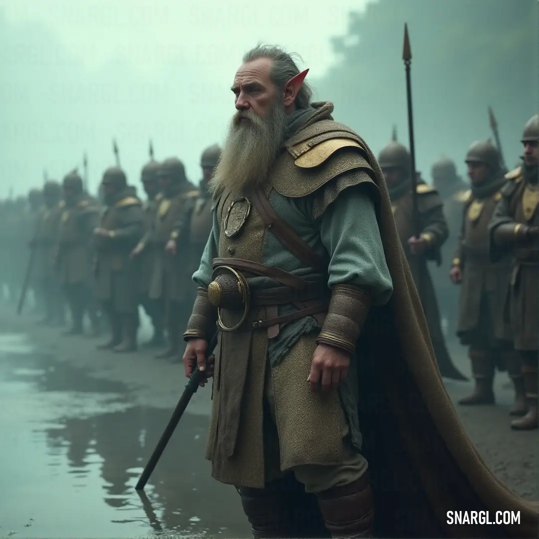 A man with a long, braided beard stands proudly in front of a group of fellow warriors. His striking costume and commanding presence draw attention, as he leads his comrades with strength and confidence.