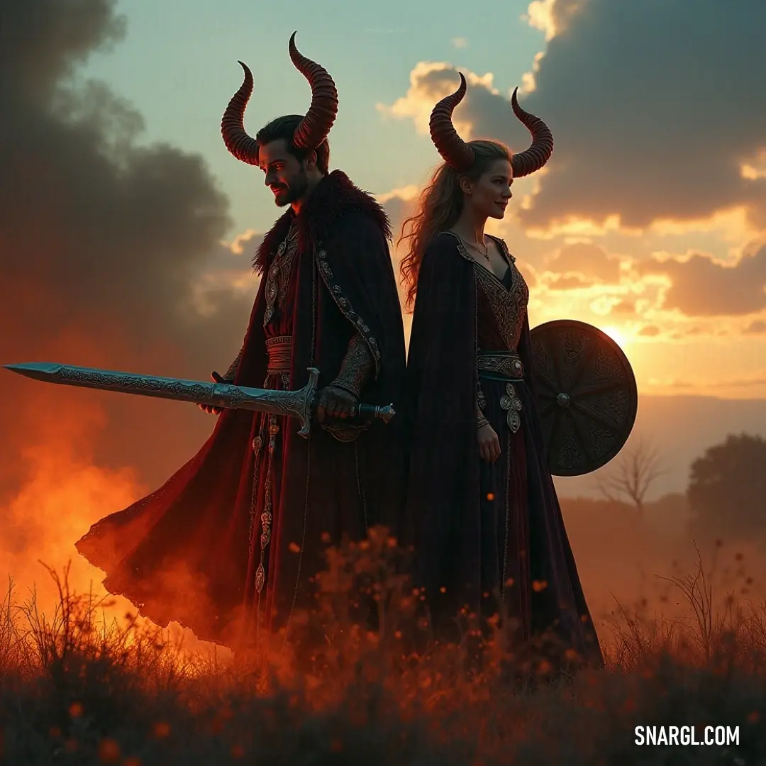 Legendary figures in horned costumes stand strong in a field at sunset, ready for adventure. In an awe-inspiring field at sunset, two figures adorned in horned costumes stand united, armed with a sword and shield, embodying the essence of ancient legends, preparing for a saga of valor under the painted sky.