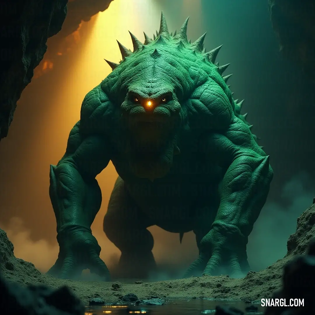 This stunning image of a Giant Dorin highlights its captivating glowing eyes, as light cascades onto its face from above, bringing out the intricacies of its formidable form in the cave's enveloping darkness. Basking in a spotlight of light, a massive Dorin sits poised in a dark cave. Its swirling glowing eyes draw attention, while illumination from above casts intriguing shadows that dance across its powerful figure.