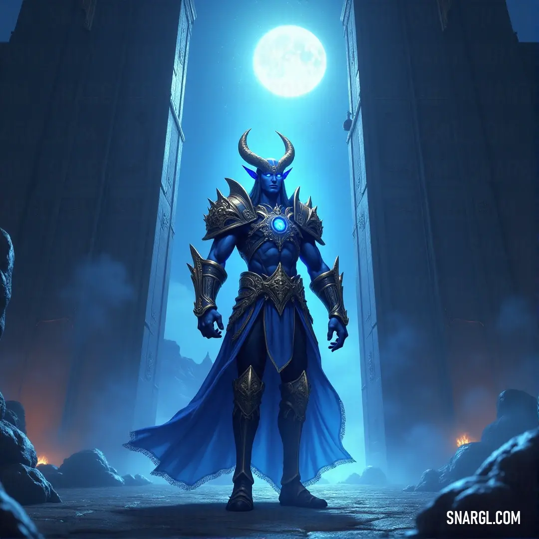 Dornal the Moonseer stands in a doorway, his blue outfit a striking contrast against the backdrop of a full moon. The moonlight shines down on him, highlighting his mysterious presence as he seems to hold knowledge of the secrets of the night.