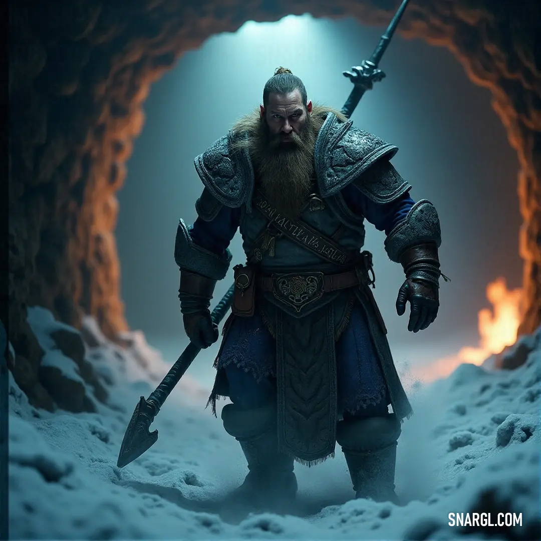 In a dark cave, Dorrin Ironshield holds his sword high, a beam of light emerging from behind, highlighting his beard and rugged features. He stands ready, the sword symbolizing his might as the light reflects off the stone walls.