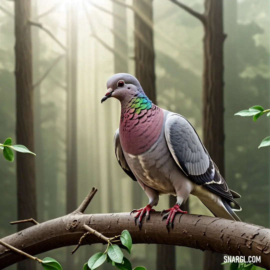 A calm dove resting on a sturdy branch, nestled within a dense forest, with tall trees stretching into the background, casting soft shadows over the peaceful scene.