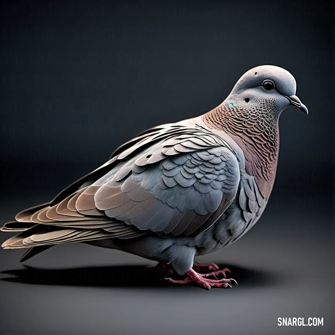 A pigeon standing confidently on a glossy black surface, with a neutral gray backdrop, its feathers displaying shades of iridescent hues under the soft light.