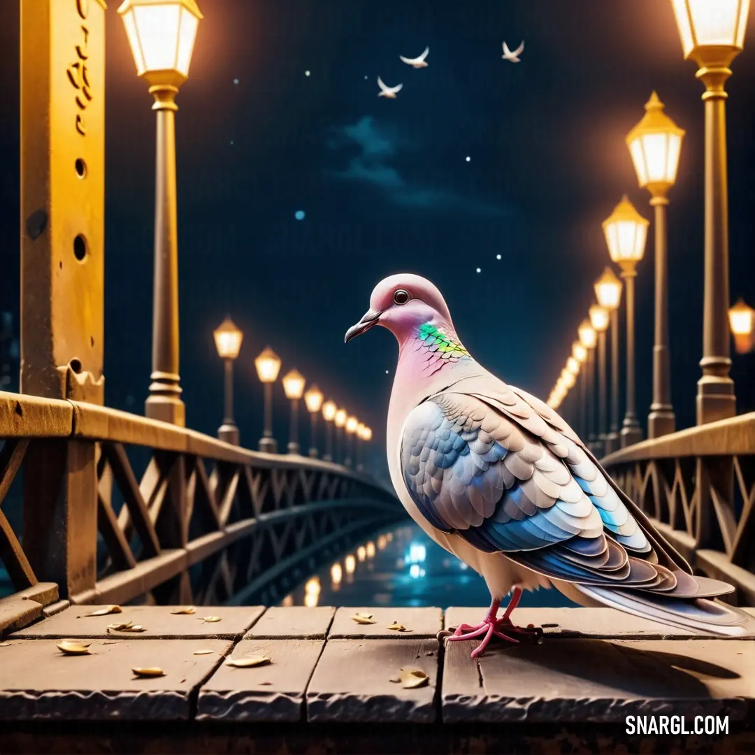 A pigeon stands calmly on a bridge at night, the sky above dark and vast, highlighting the bird’s quiet solitude in the midst of an urban landscape.