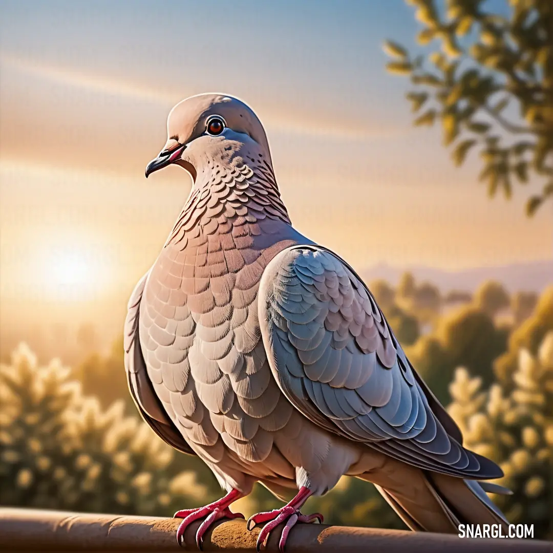 A pigeon stands confidently on a weathered railing, bathed in the golden light of the sun setting in the background, creating a dramatic contrast with the urban surroundings.