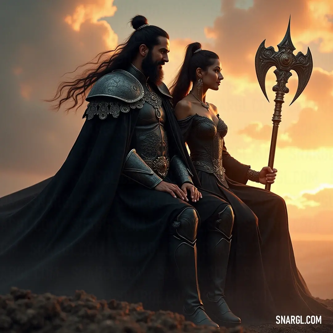 A noble figure in medieval garb stands proudly on a hill with a mystical companion, wielding scepters that signify their quest for greatness. On a sprawling hilltop, a figure dressed in medieval attire stands alongside a mystical guardian, both holding scepters that hint at their noble purpose and the adventures that unfold in their realm.