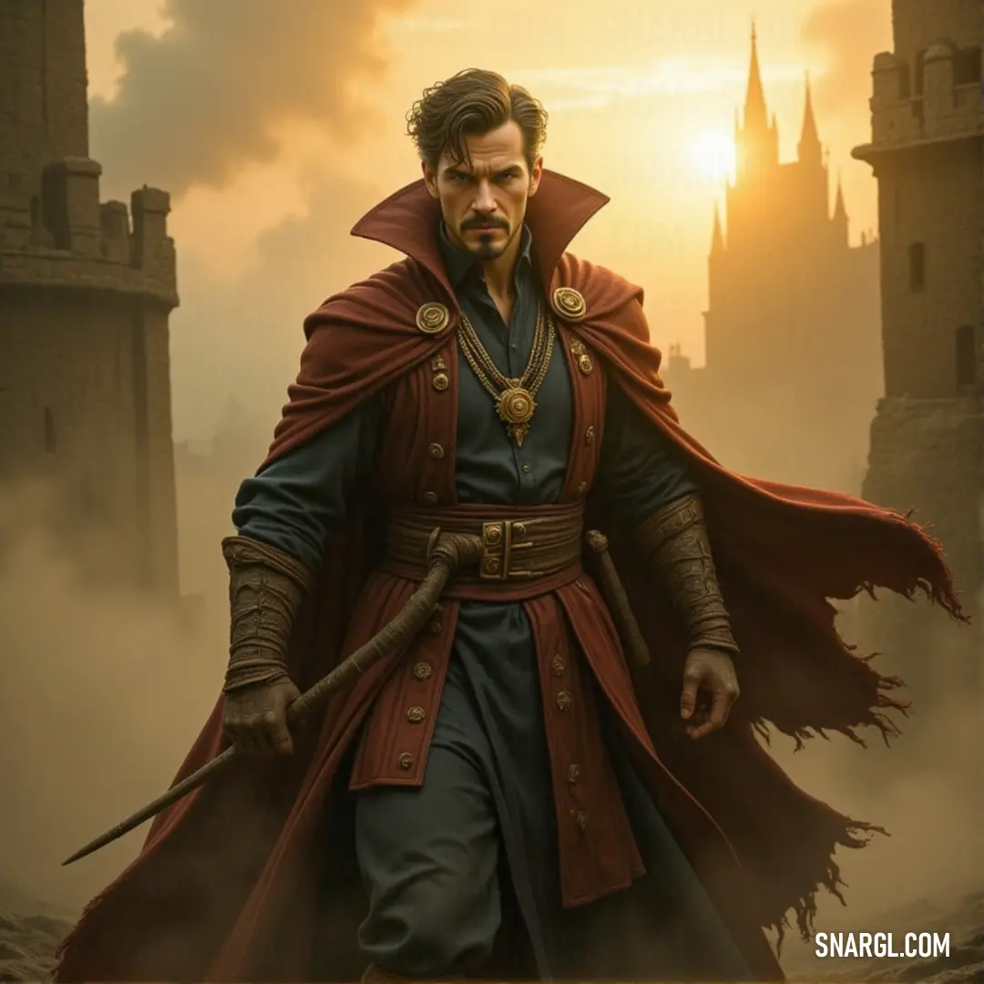 Dr. Strange, holding a sword, stands before a magnificent castle, preparing for a powerful confrontation, his cape billowing in the wind. Dr. Strange, in his iconic red cape and blue attire, grips a sword with one hand, while a grand castle looms behind him. His focus and readiness are palpable, as if he's about to embark on a critical mission.