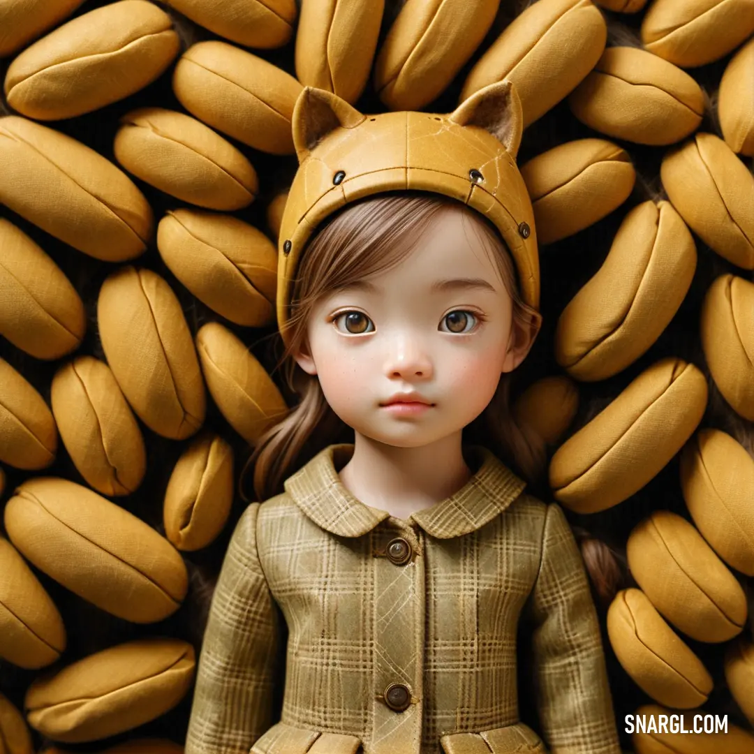 Doll is standing in front of a pile of peanuts and a cat hat on her head. Color #967117.
