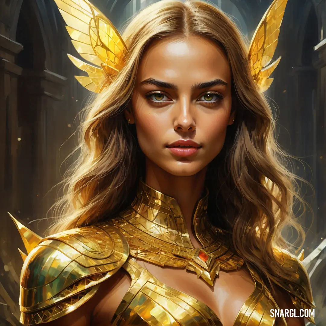 Woman in a gold outfit with wings on her head and a sword in her hand, with a dark background. Example of CMYK 0,25,85,41 color.