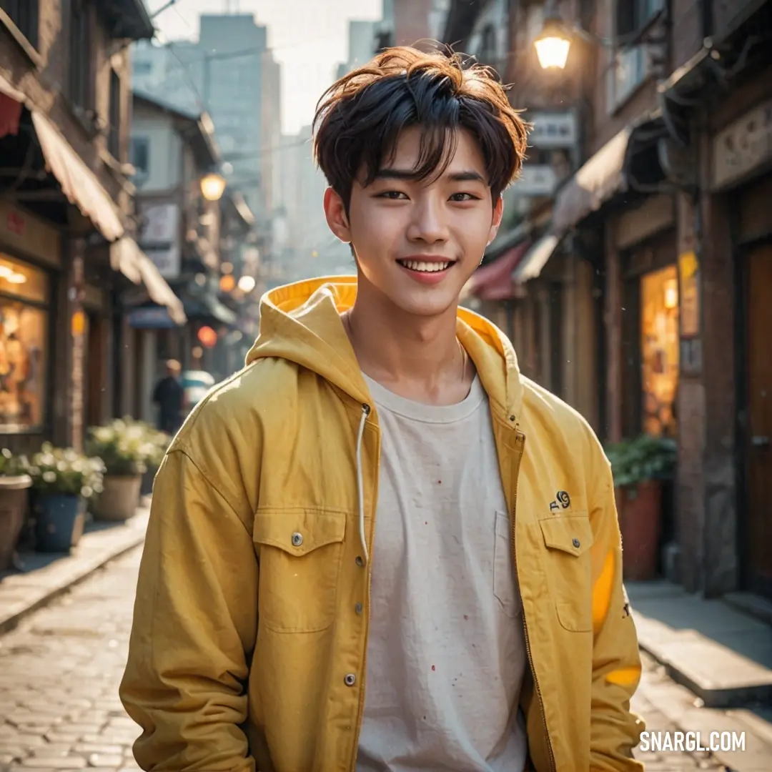 Young man standing in a narrow alleyway in a city with buildings in the background. Color CMYK 0,25,85,41.