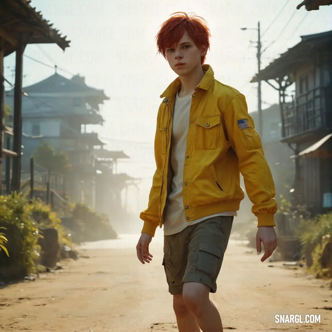 Young man with red hair walking down a street in a yellow jacket and shorts. Example of CMYK 0,25,85,41 color.