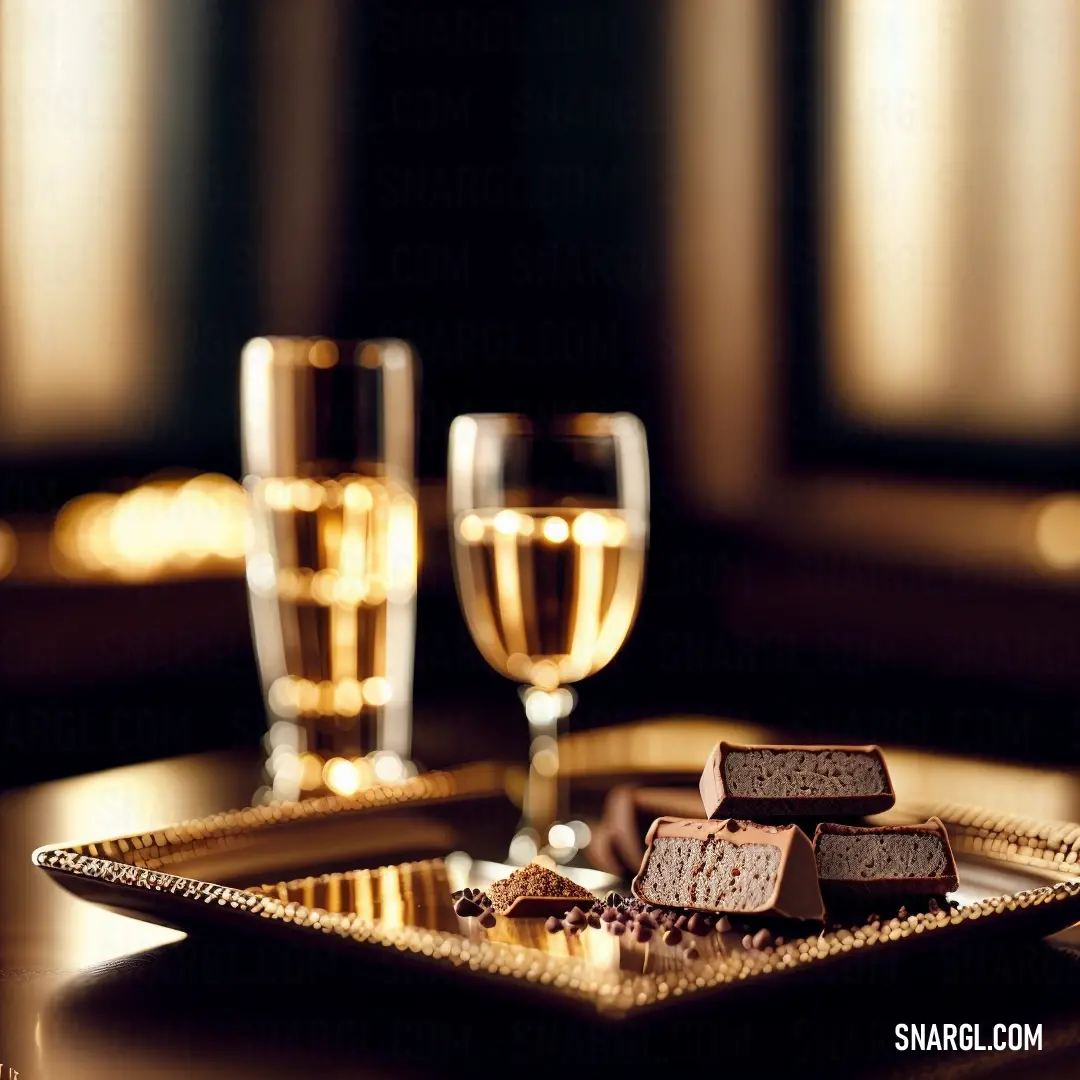 Tray with some chocolates and wine glasses on it