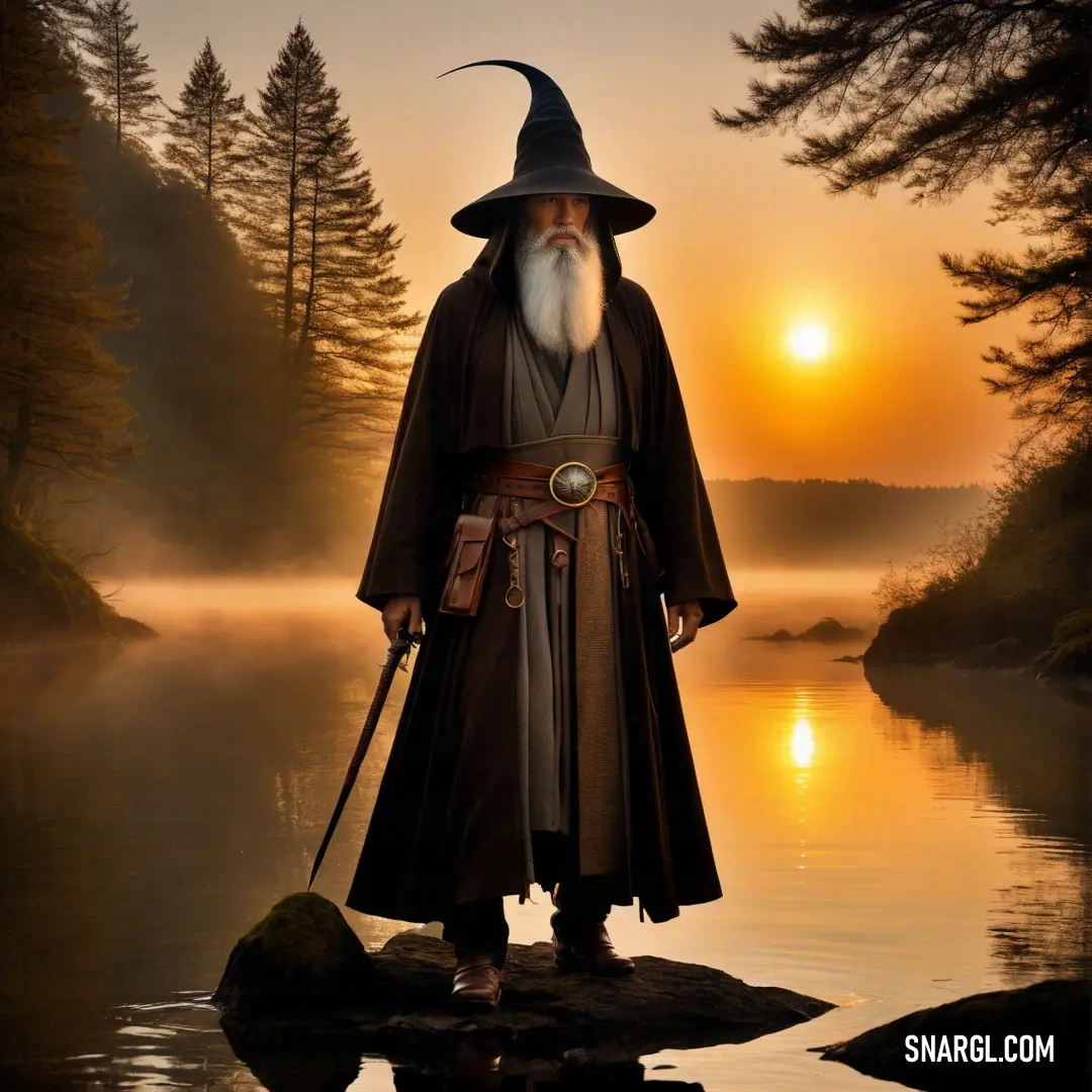 Wizard standing on a rock in the water at sunset with a staff in his hand and a hat on his head