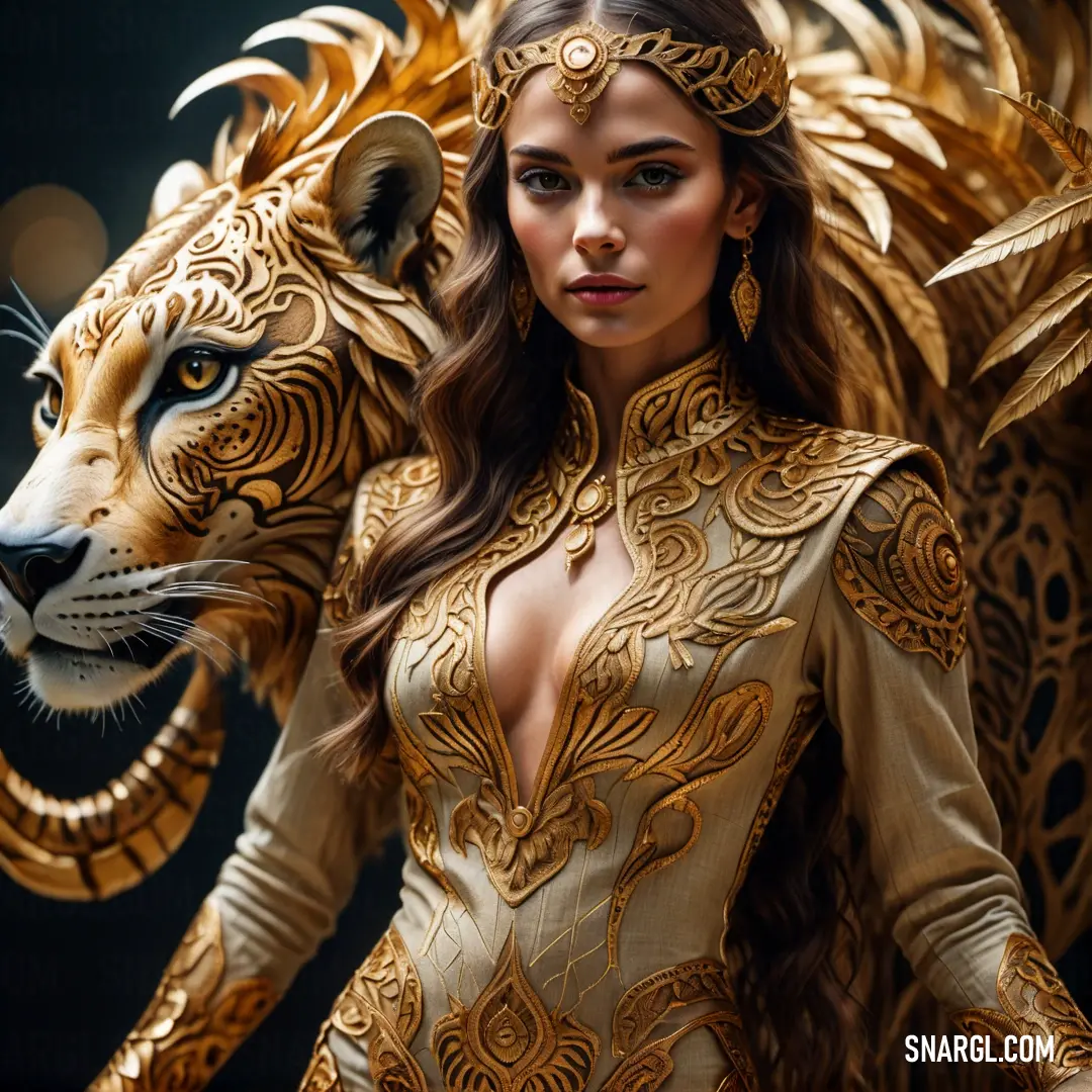 Woman in a gold outfit with a tiger on her shoulder. Example of CMYK 0,25,85,41 color.