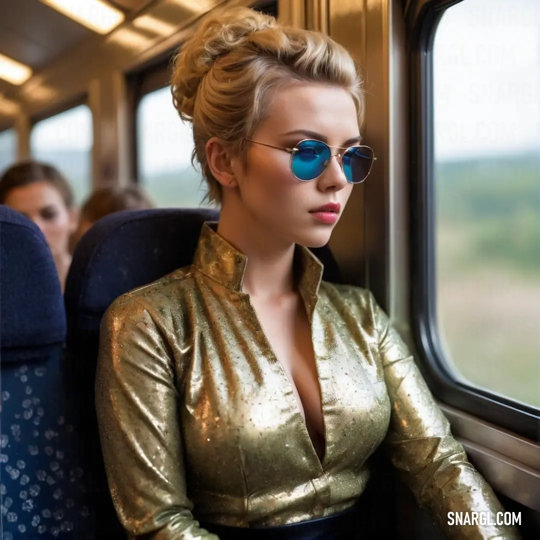 Woman with sunglasses on a train looking out the window at the scenery outside the window is a gold jacket and blue tinted sunglasses