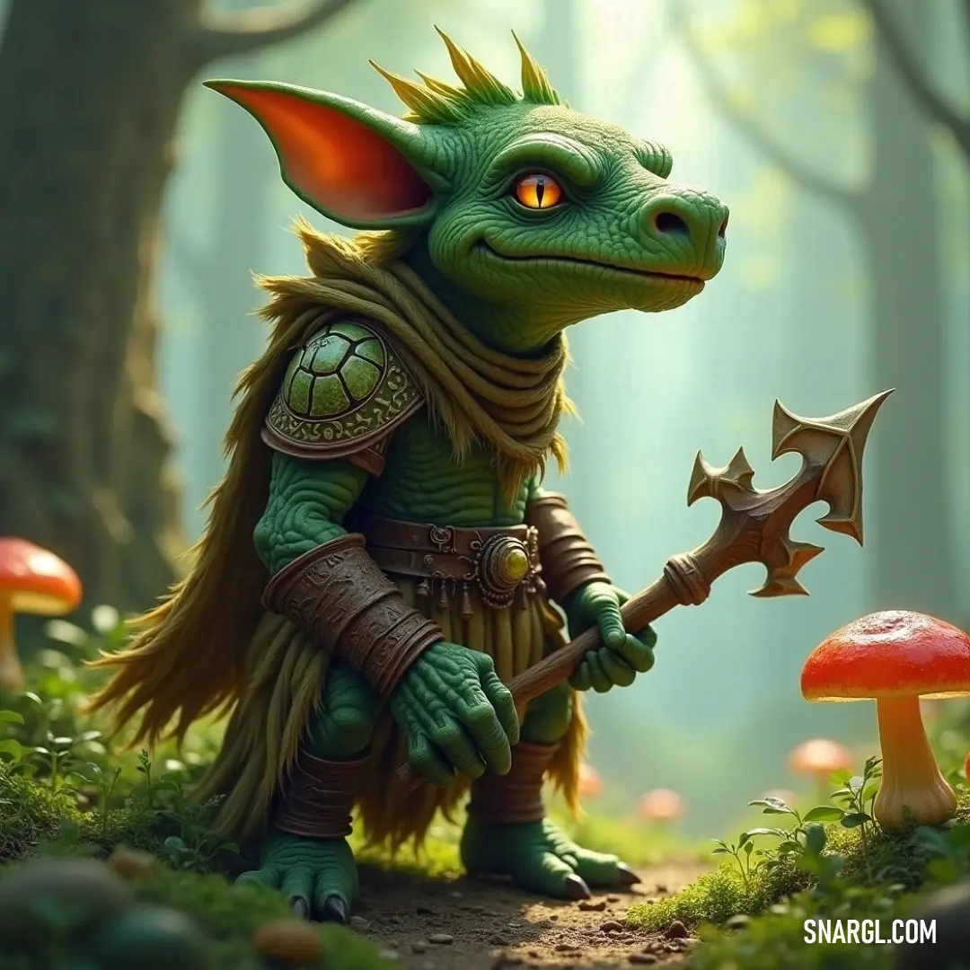 Valiant Green Dragg in a Mysterious Forest An imposing Green Dragg grips a sword, its flowing hair and horned visage framed by a lush forest dotted with whimsical mushrooms, creating an atmosphere of adventure and intrigue.