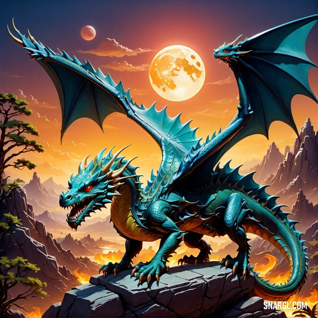 Blue Dragon on a rock in front of a full moon sky