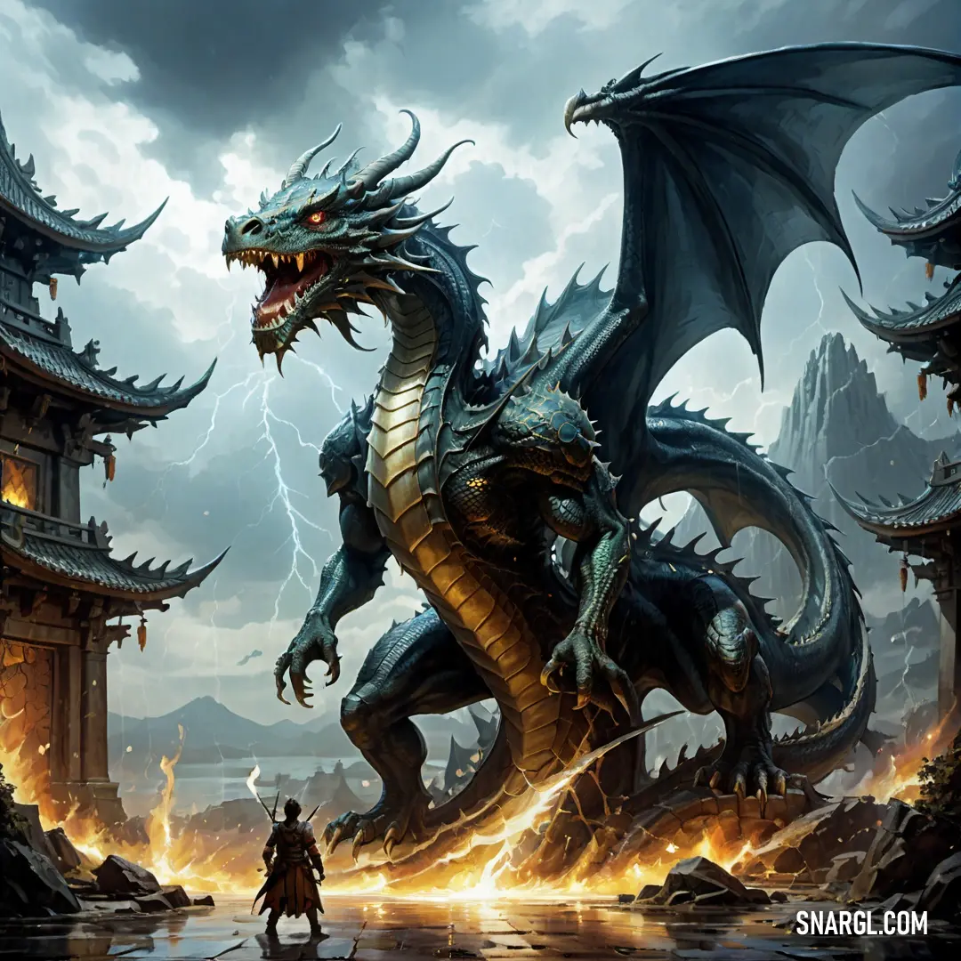 Dragon attacking a man in a fantasy setting with a castle in the background