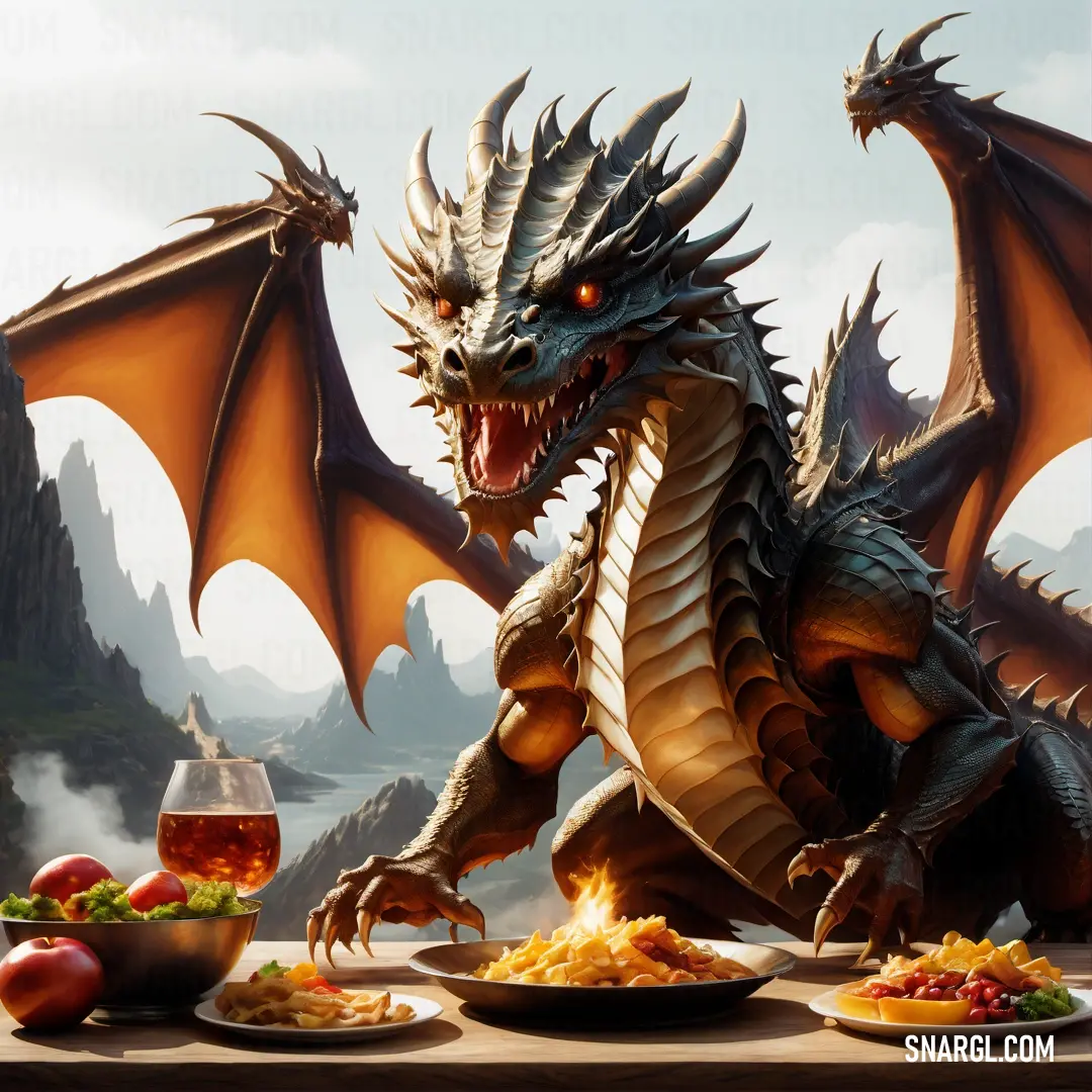 Dragon eating a meal with a glass of wine and a bowl of salad on a table with a mountain in the background