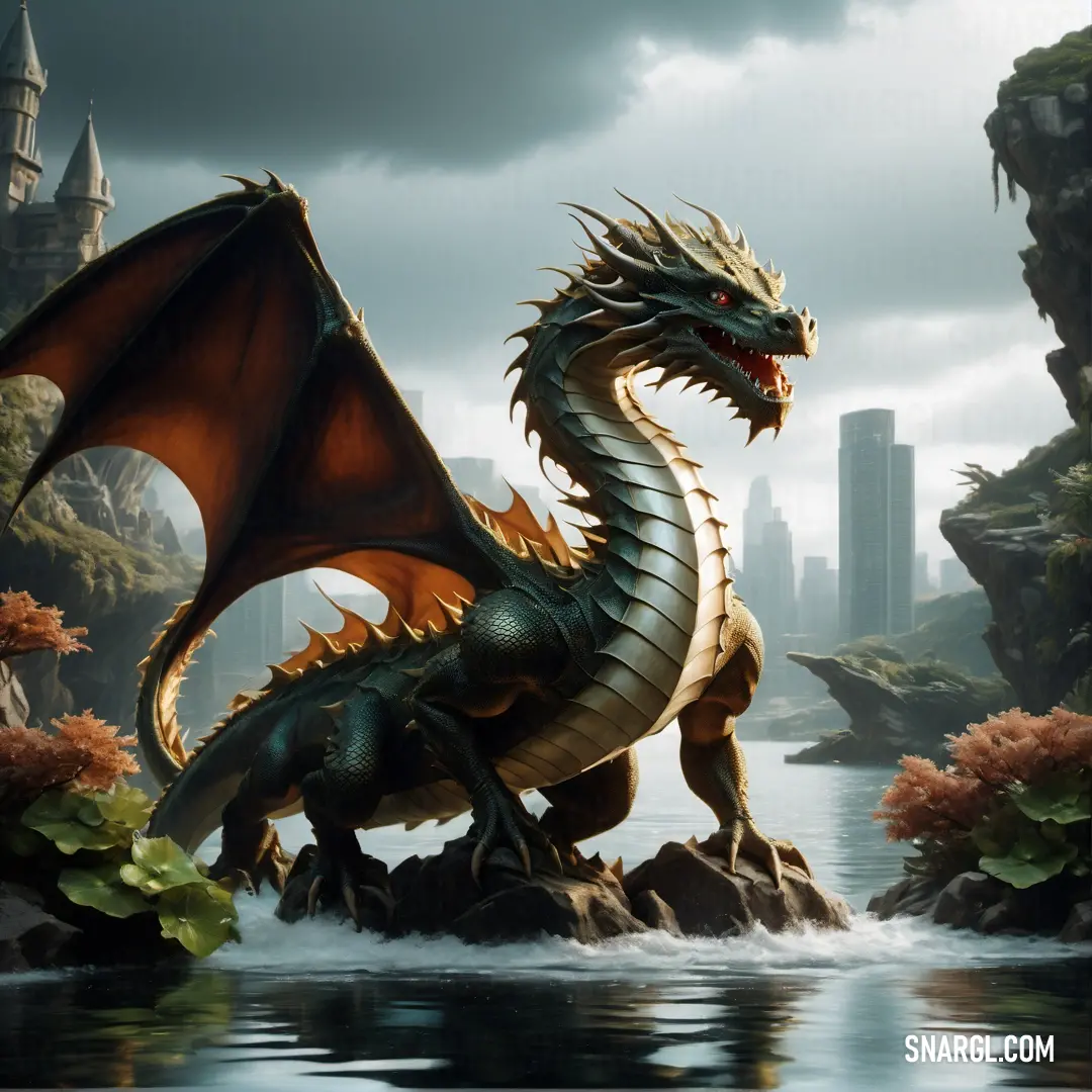 Dragon is standing on a rock in the water near a cityscape with a castle in the background