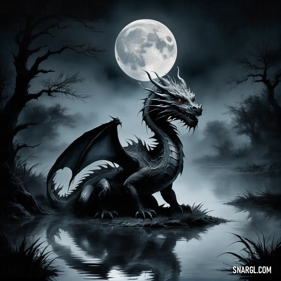 Dragon on a rock in the water with a full moon in the background and trees in the foreground