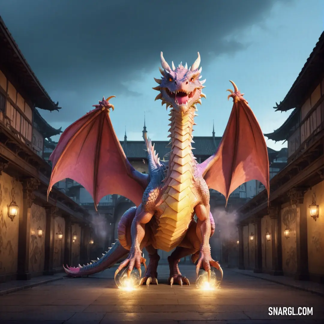 Dragon statue in a courtyard with a sky background