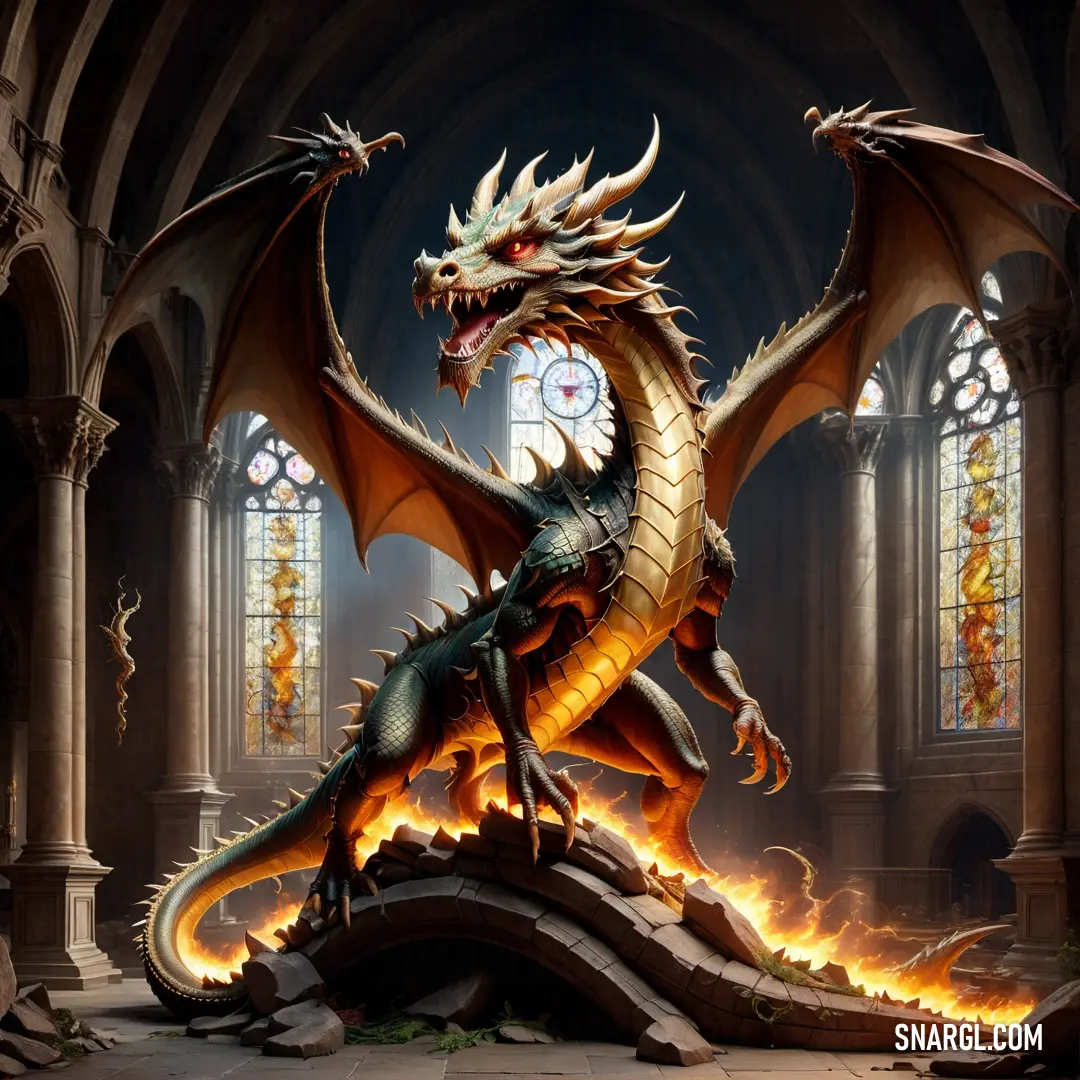 Dragon statue in a gothic cathedral with a clock on it's side and flames coming out of its wings