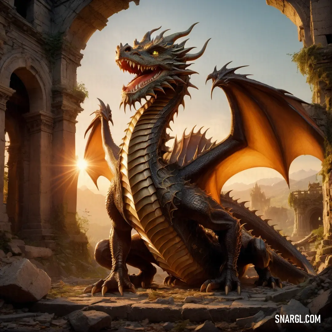 Dragon statue in a stone archway with a sun shining behind it and a castle in the background