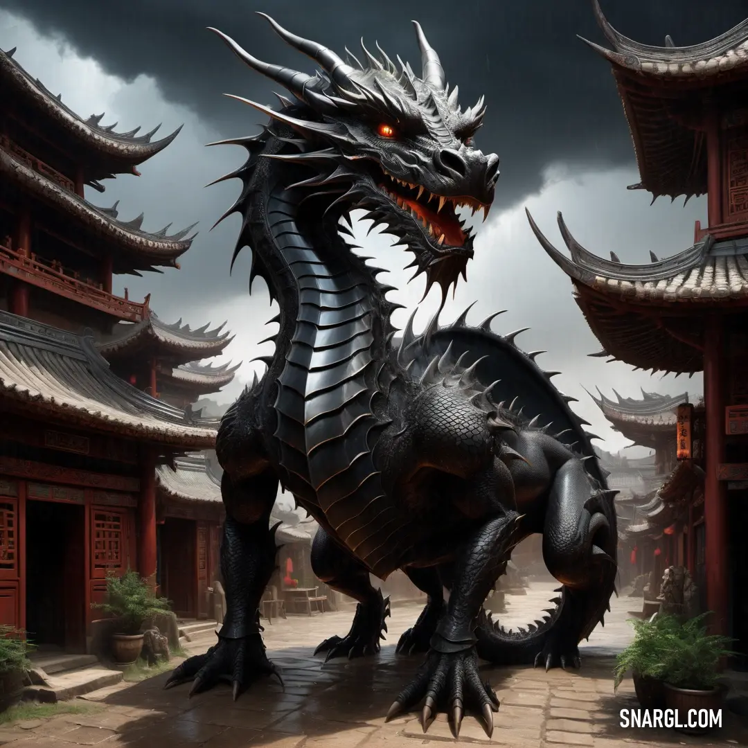 Dragon statue in front of a building with a dark sky in the background