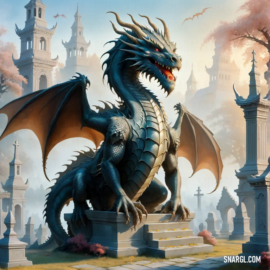 Dragon statue on top of a stone pedestal in a cemetery with a clock tower in the background