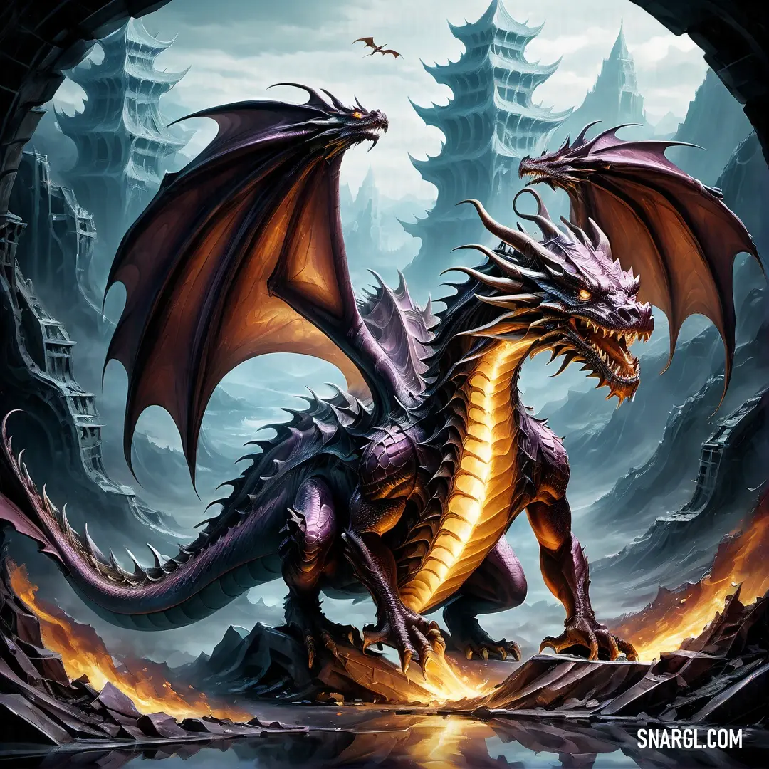 Dragon with a flamey body and wings is standing in a cave with a castle in the background