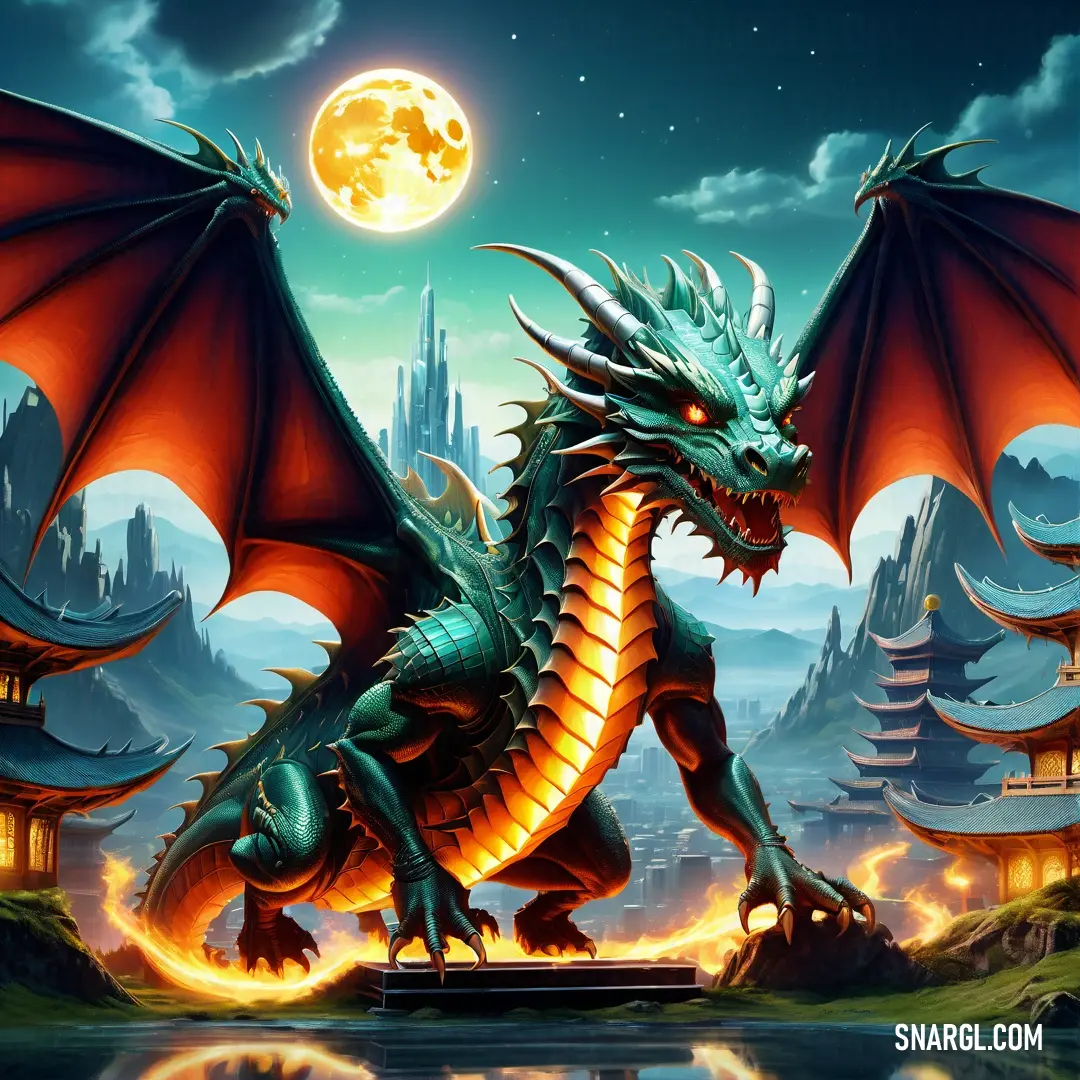 Dragon with a glowing body of water in front of a city with tall buildings and a full moon