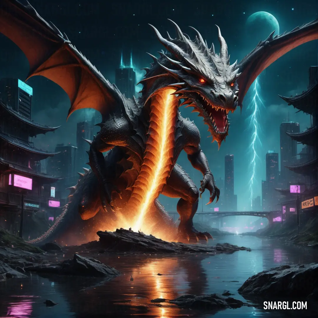 Dragon with a glowing tail standing in a river in front of a city at night with lightning