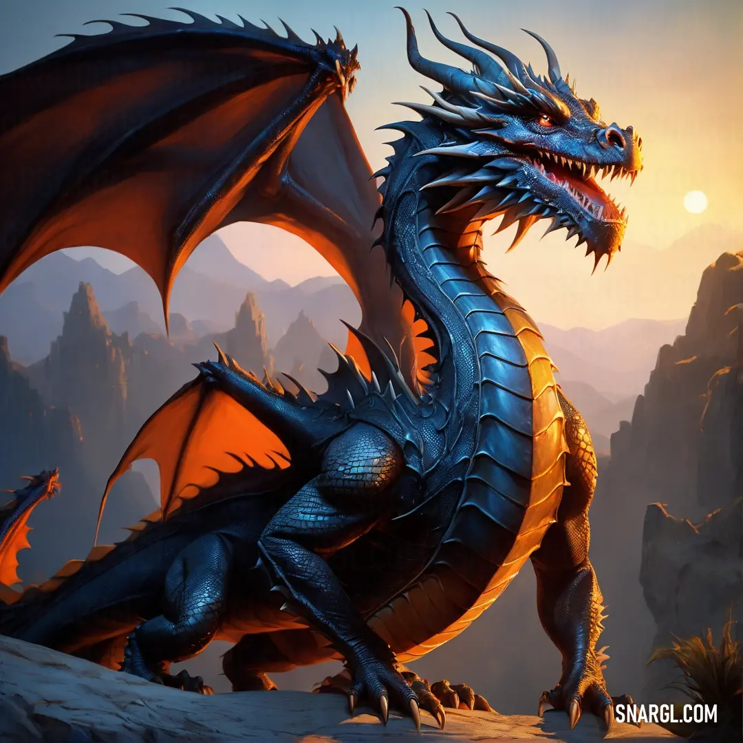 Dragon with a large head and a tail is standing on a rock in front of a mountain range
