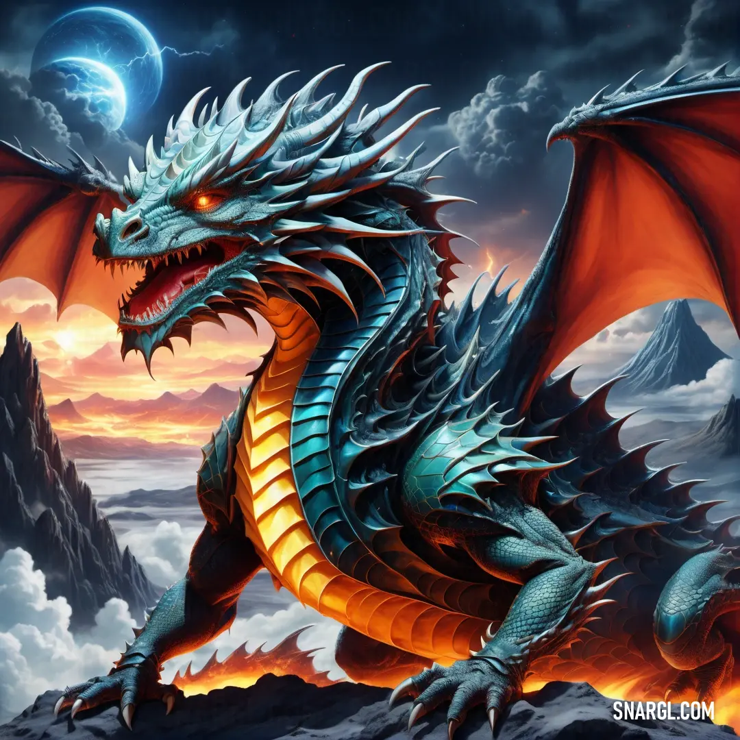 Dragon with a red head and blue wings is in the sky above a mountain range with a moon