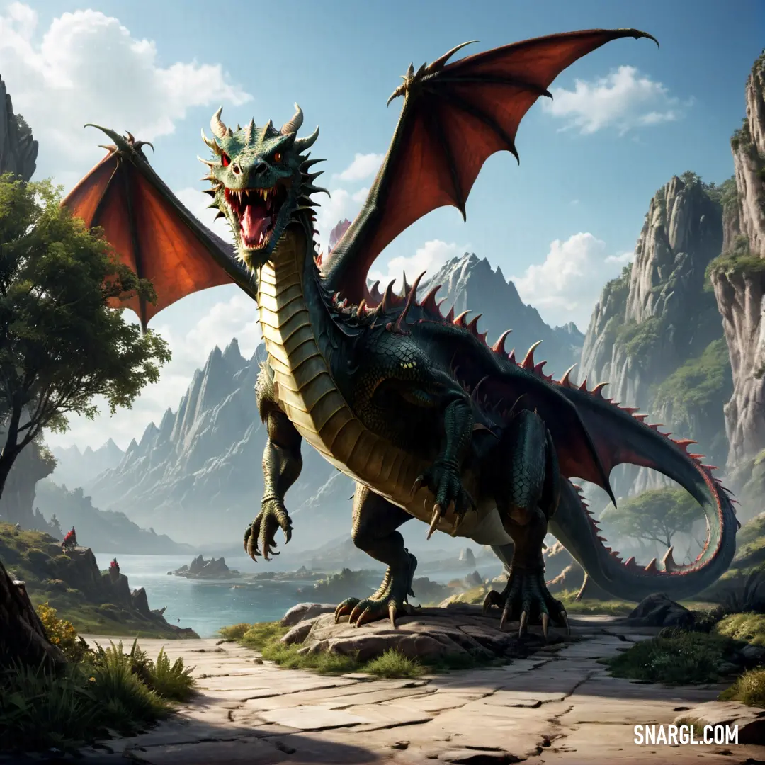 Dragon with large wings standing on a rock in a mountainous area with a lake and mountains in the background