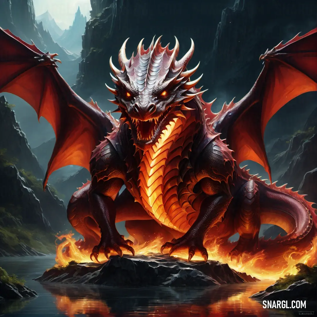 Dragon with red wings and a flame in its mouth is standing on a rock in front of a body of water